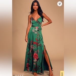 Lulu’s Still the One Emerald Green Floral Print Satin Maxi Dress